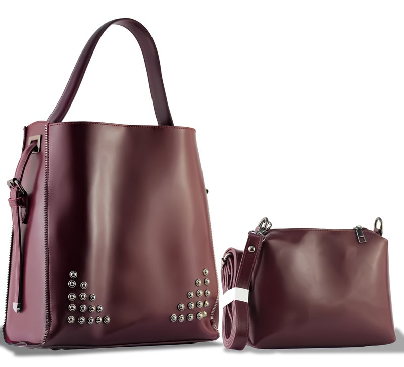 طقم حقائب يد نسائية 2 في 1: حقيبة كتف كبيرة مرصعة بالمسامير مع حقيبة كروس صغيرة متناسقة وحزام قابل للتعديل - عنابي